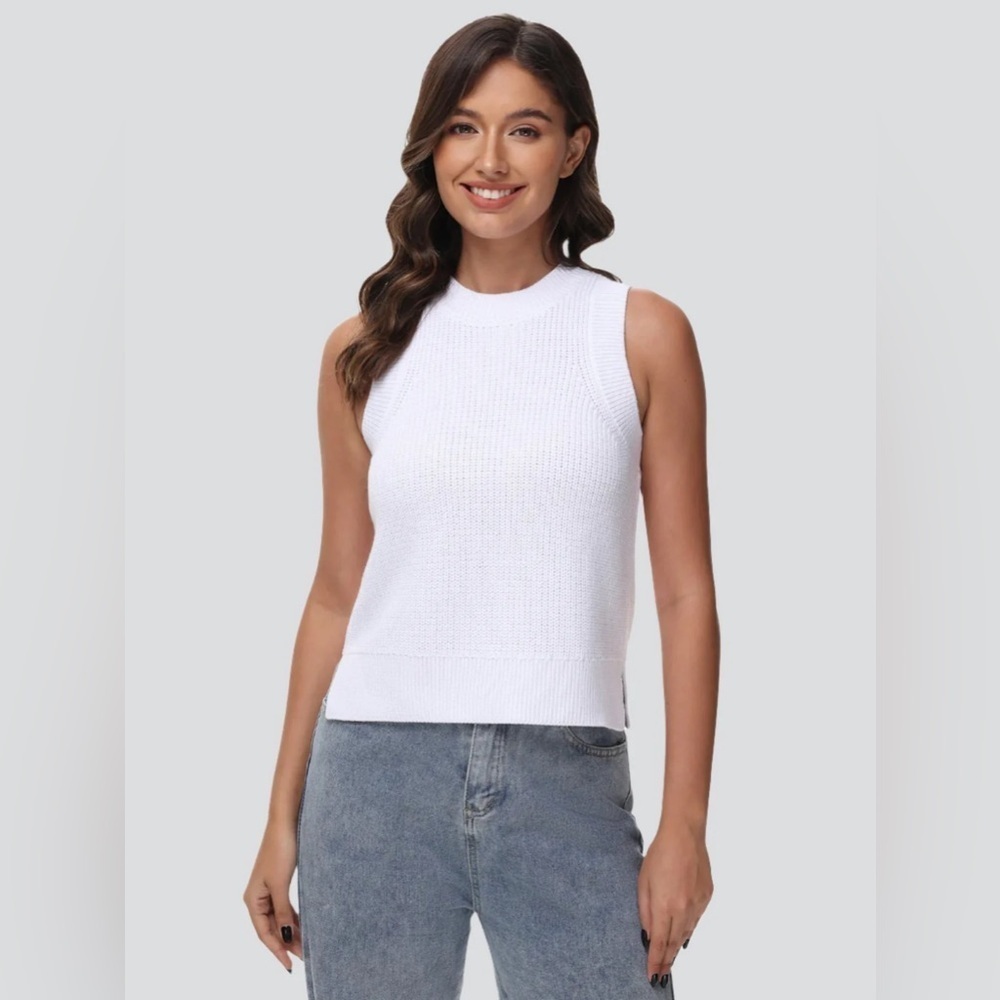 525 America White Knit High Crew Neck Sweater Tank